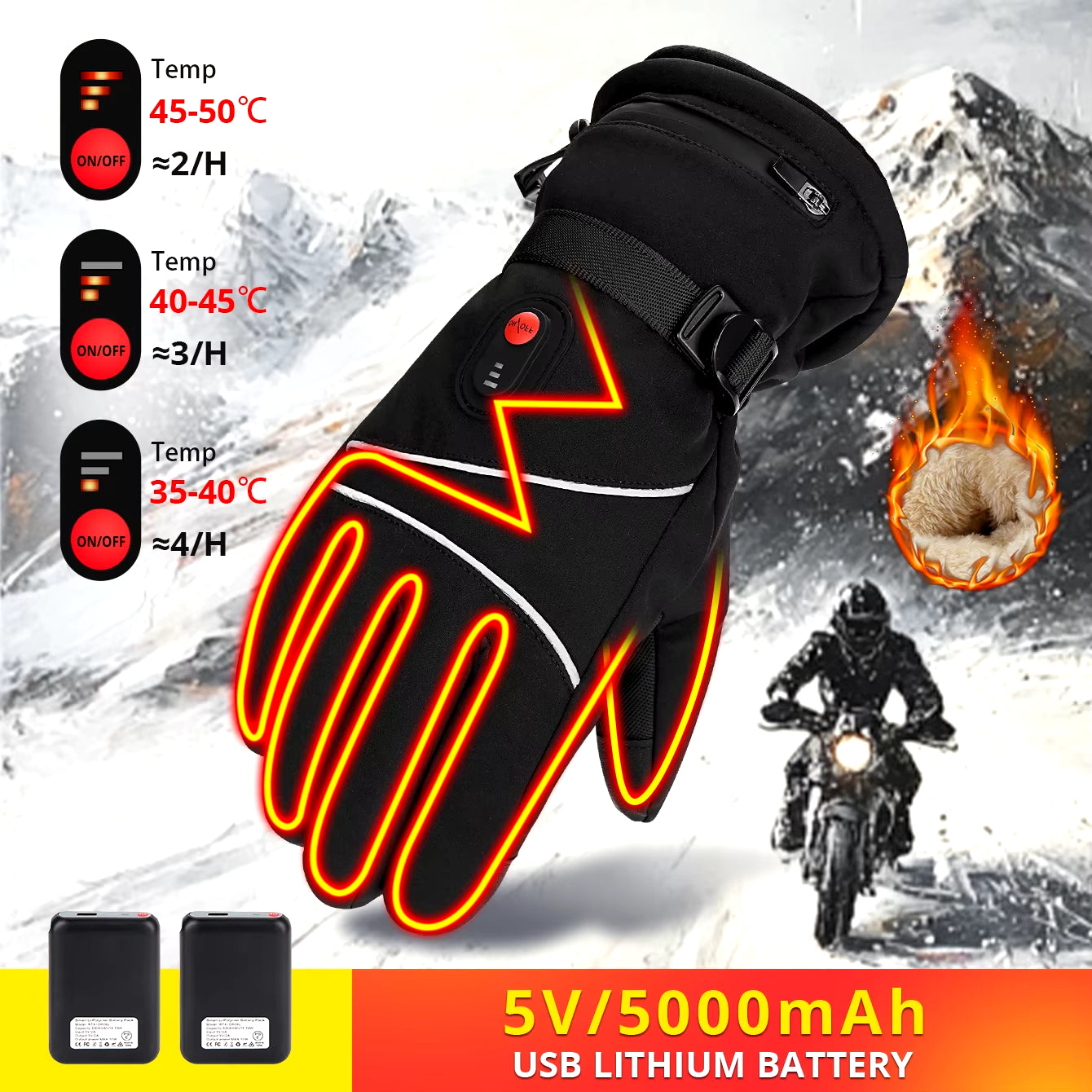 New 7.4V Electric Heated Gloves Skiing Winter Snow Gloves Touch Screen Windproof Warm Rechargeable Battery Hunting Fishing Men